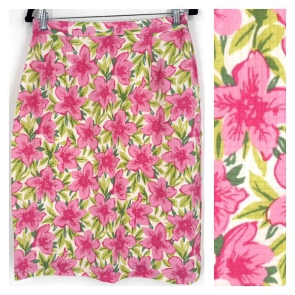 Vintage Talbots Womens Floral Pure Silk Lined Straight Pencil Skirt Pink Size 12